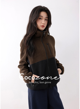 COCO ZONE 刘11 “拼色外套”绵羊毛混纺连帽复古外套 CD2A2317