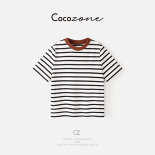 COCO ZONE 刘11  简约圆领舒适百搭横向条纹撞色短袖T恤上衣女