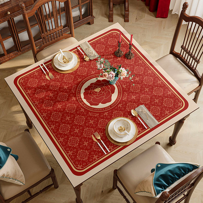 红色复古皮革方桌布防水防油防烫免洗正方形餐桌垫四方桌茶几垫子