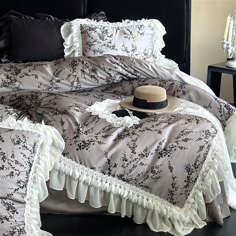 轻舞呢喃法式浪漫羽毛雪纺边天丝棉四件套小众工艺复古被套床品,床上用品,床品套件/四件套/多件套,淘宝优惠券,粉丝福利购,淘宝优惠卷