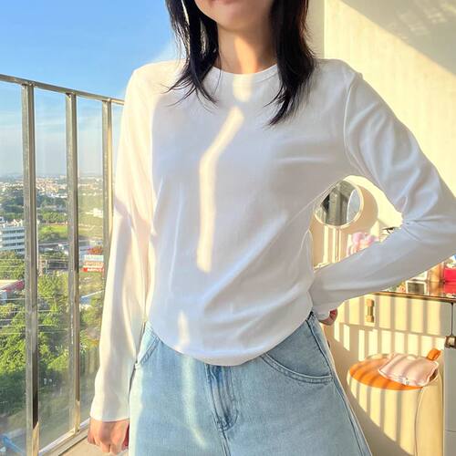 早秋季新款棉质圆领纯白色打底衫女叠穿内搭修身长袖t恤正肩上衣
