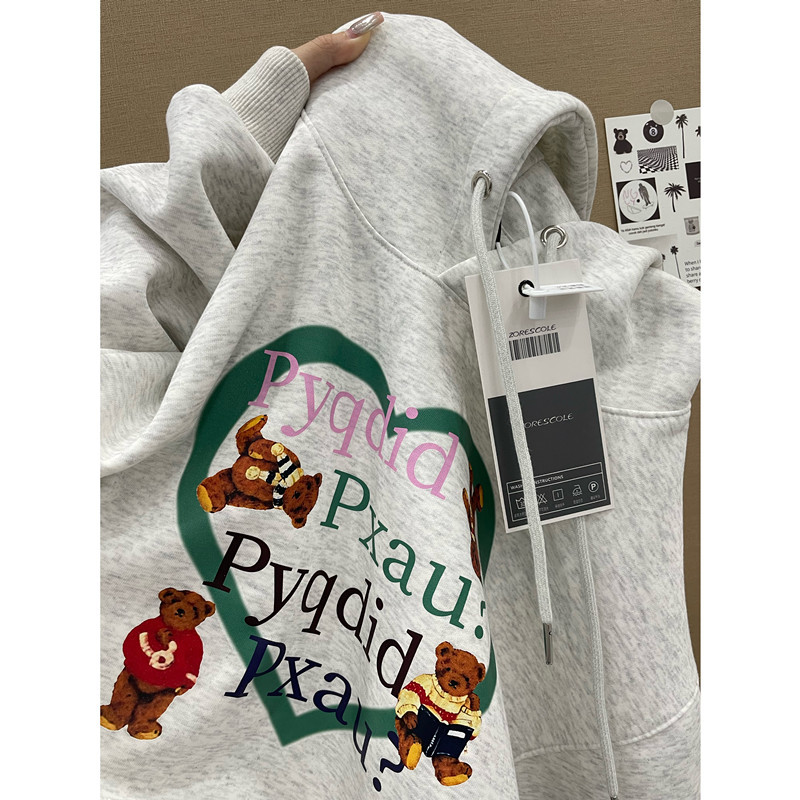 灰色长袖连帽卫衣女春秋宽松秋冬加绒印花套头慵懒风外套薄款上衣