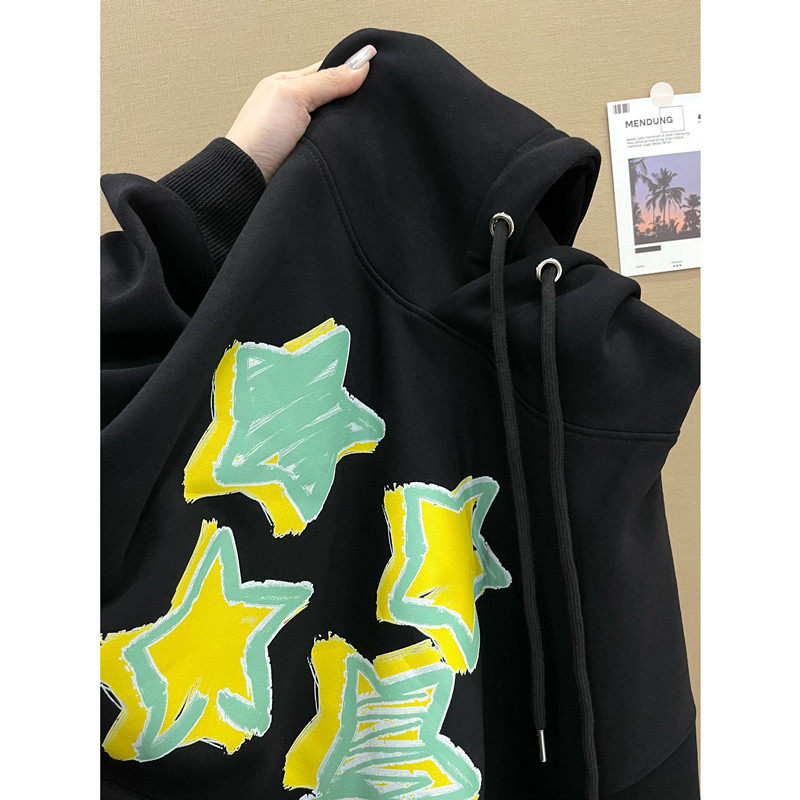 重磅银狐绒秋冬加绒加厚星星卫衣女2024新款爆款连帽美式小众宽松
