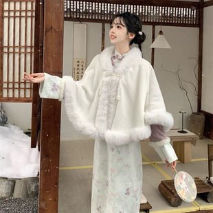 大码女装新中式国风旗袍裙套装秋季连衣裙胖MM显瘦斗篷披肩两件套