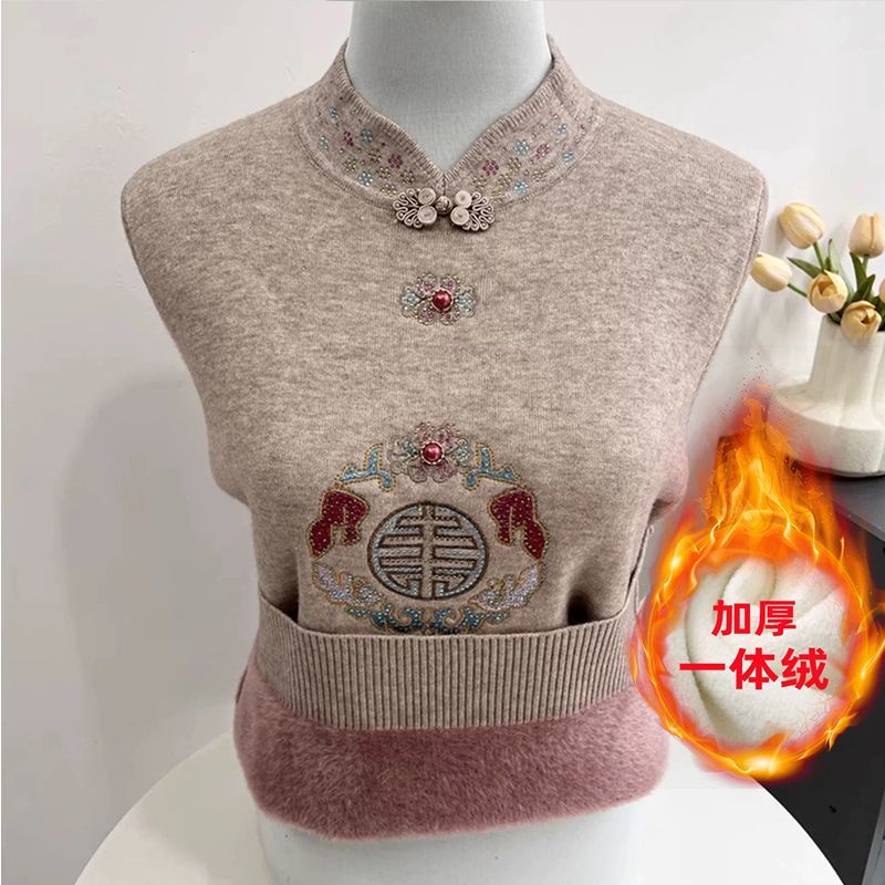 中年妈妈冬装加绒加厚毛衣新款中老年女一体绒上衣秋冬保暖打底衫