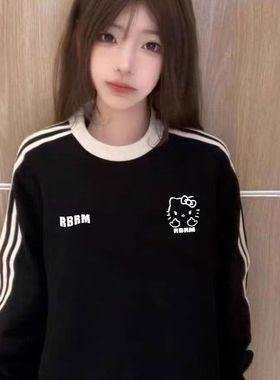 美式百搭黑色圆领反季卫衣女秋冬季2024新款爆款oversize上衣