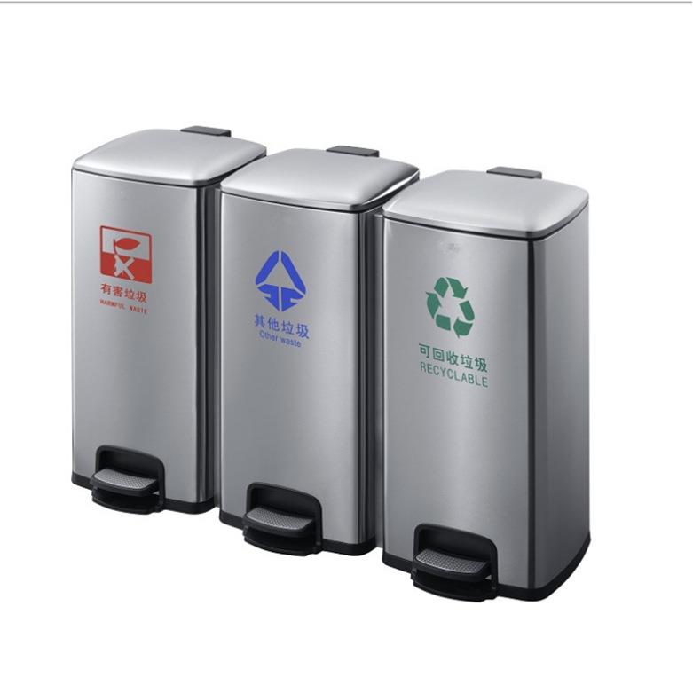 不锈钢脚踏三分类垃圾桶90l室内分类垃圾桶商场地铁站果皮箱
