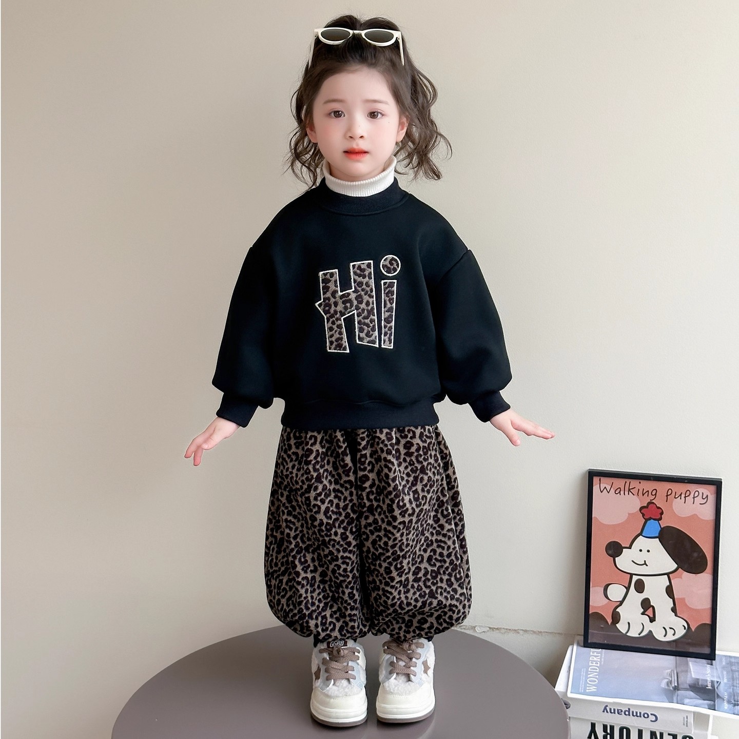 女童加绒卫衣套装秋冬装2025新款儿童韩版豹纹裤子宝宝长袖运动装