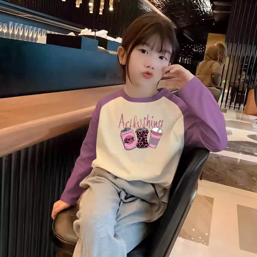 女童纯棉插肩袖T恤中大童长袖