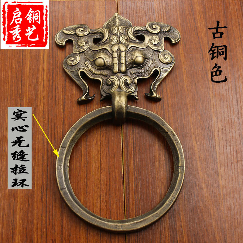 热销中式仿古实木庭院庙门大门环纯铜兽头狮子头古典大拉手祠堂门