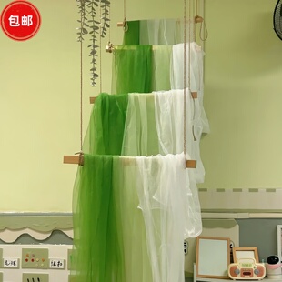 新中式绿色纱幔幼儿园环创春天氛围背景布装饰户外婚礼装饰布置