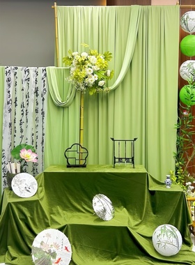 新中式春天氛围感绿色背景布幔书法纱国风幼儿园开学环创场景布置