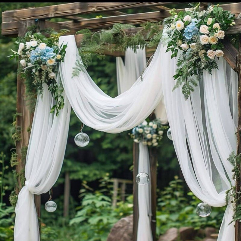 白色瑞士网纱婚庆拱门婚礼求婚椅背纱户外拍照布置新中式吊顶纱幔