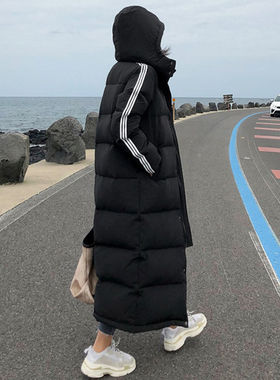 零北清仓特价羽绒服女士长款过膝三条杠韩版90白鸭绒外套宽松冬季