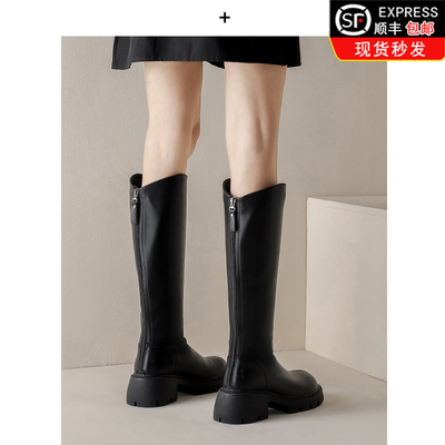 胖mm大筒围骑士靴女v口长靴粗腿小码高筒靴厚底长筒靴大码女靴子