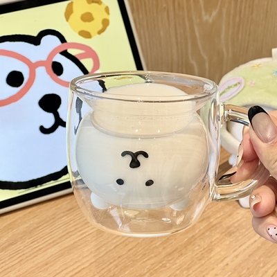 可爱自嘲熊双层隔热玻璃杯带把手
