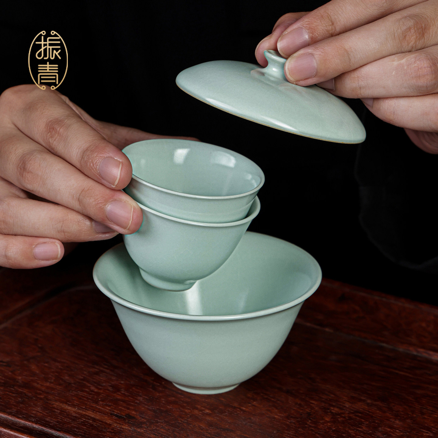 汝窑盖碗套装旅行茶具快客杯汝瓷手抓碗景德镇原矿陶瓷户外泡茶碗