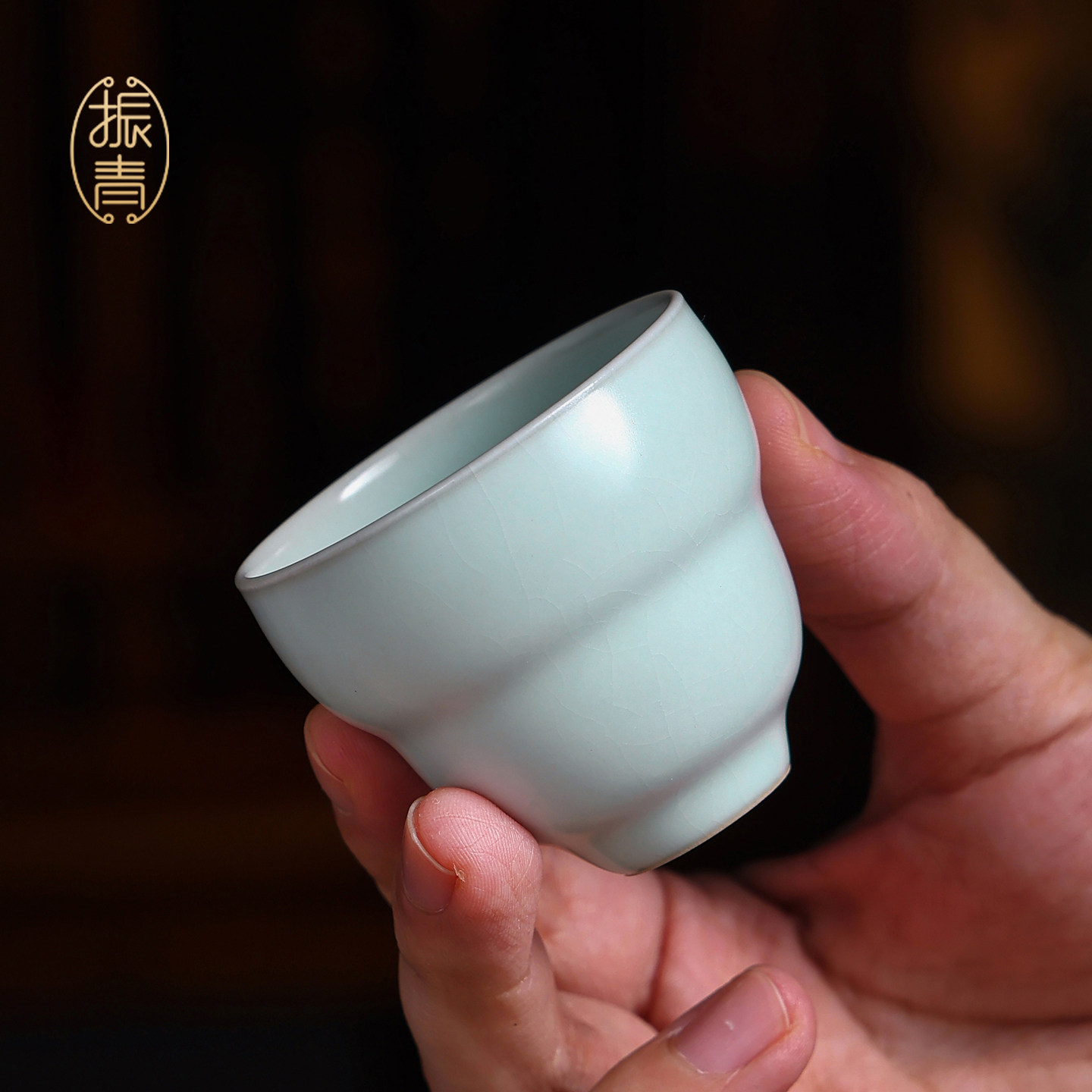 手工汝窑品茗杯功夫茶杯青瓷主人杯单杯景德镇汝瓷开片可养葫芦杯