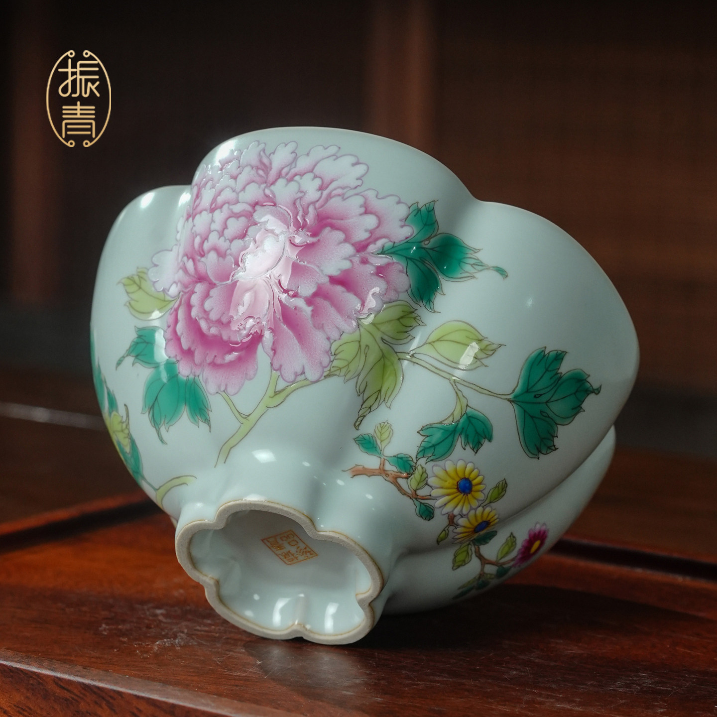 粉彩汝窑花瓣杯手绘牡丹主人杯茶杯单杯大号景德镇彩绘茶具送领导