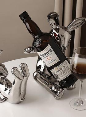 时尚轻奢电镀陶瓷兔子红酒架杯架套装创意客厅酒柜桌面装饰品摆件