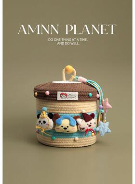 AMNN 玩偶小狗拼色收纳桶可爱大容量带盖子棉线编织杂物零食收纳