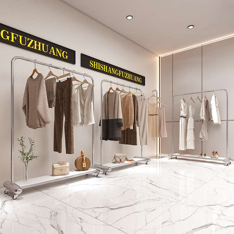 服装展示架新款带轮女装店不锈钢落地衣架童装店货架陈列中岛架子