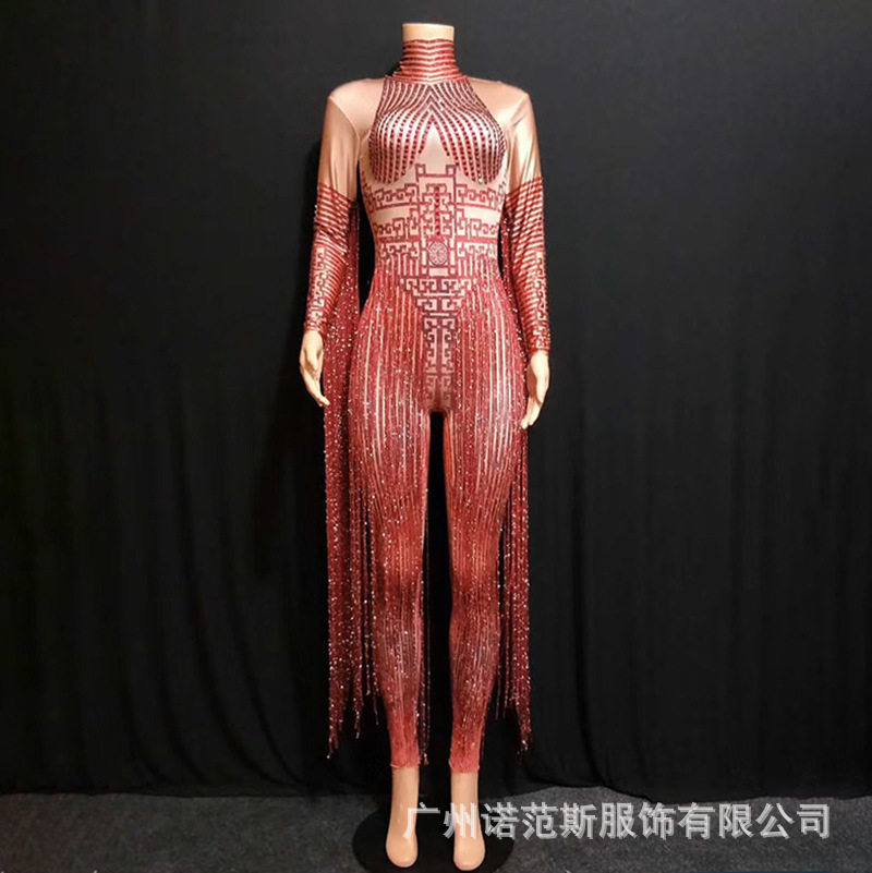 中国风红色流苏闪钻模特商演夜店酒吧满钻连体女歌手Dj舞台演出服