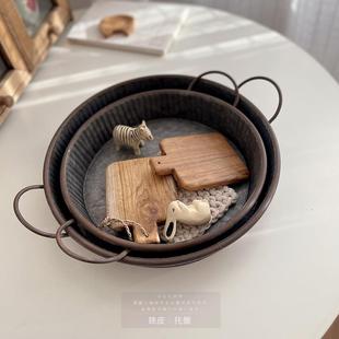 厚实 复古做旧怀旧工业风金属铁艺圆形美食拍摄托盘 铁盘 日式