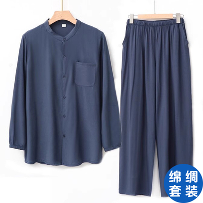 中老年夏季棉绸长袖开衫长裤两件