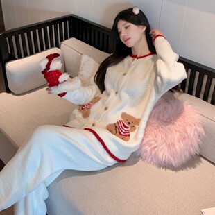 半边绒可爱小熊撞色学院风家居服开衫 女宽松软绵绵睡衣可外穿