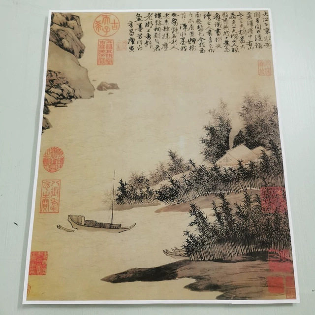 唐寅震泽烟树图复古书画山水国画真迹微喷仿古复制装裱挂轴装饰画