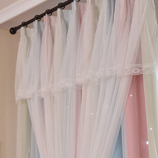 镂空星星窗帘布纱一体双层带纱韩式公主风客厅卧室遮光窗帘布