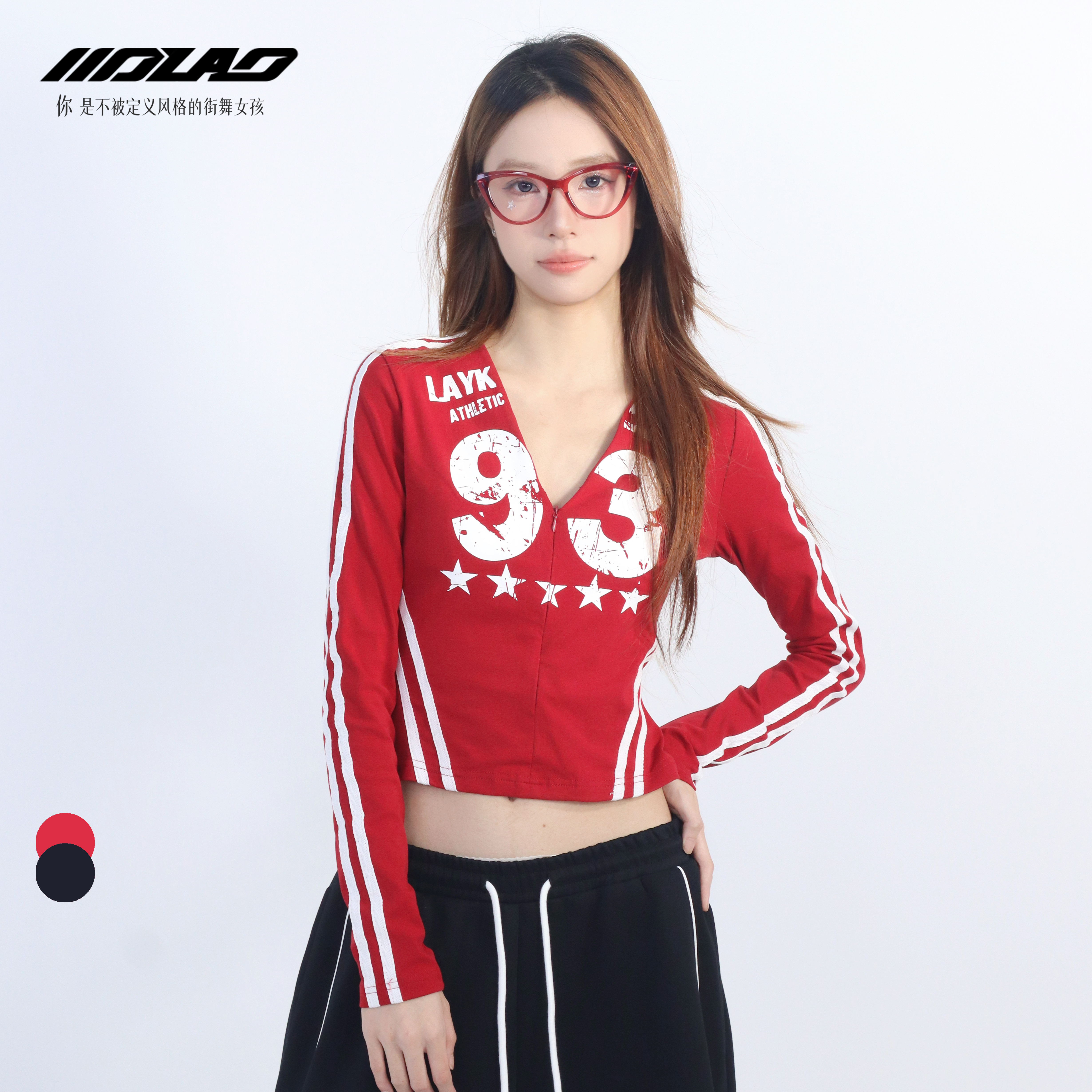 jazz复古辣妹数字印花V领上衣