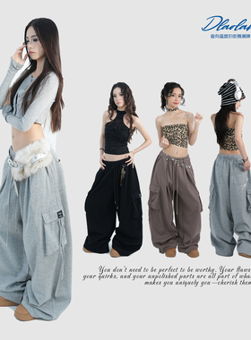 大佬街舞潮牌原创工装卫裤大口袋飘带jazz辣妹显瘦hiphop嘻哈5763