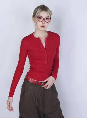 大佬街舞潮牌纽扣长袖辣妹打底内搭上衣针织时尚显瘦百搭显白7398