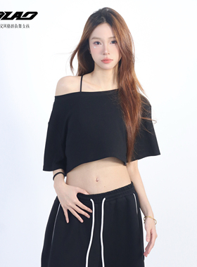 大佬街舞潮牌短款露肚脐宽松jazz打铁上衣辣妹显瘦斜肩t天丝5344