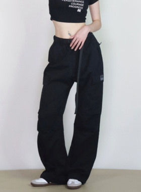 大佬街舞潮牌美式大口袋腰带工装裤hiphop街头宽松直筒休闲裤0019