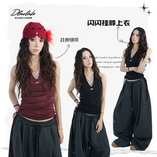 大佬街舞潮牌jazz辣妹细闪V领挂脖系带背心女修身 收腰上衣TX358