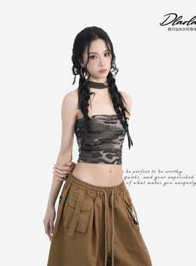 大佬街舞潮牌原创迷彩抹胸烫钻上衣jazz辣妹短款挂脖修身显瘦B538