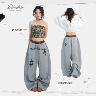 腰头弯刀jazz9288 显瘦美式 大佬街舞潮牌原创豹纹十字架卫裤 休闲裤