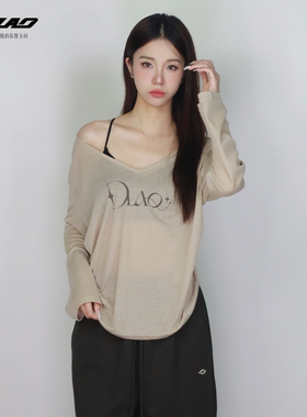 大佬街舞潮牌韩系氛围感露肩T恤长袖罩衫慵懒风2025春季上衣6685