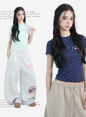 大佬街舞潮牌jazz辣妹多巴胺薄荷蓝满印正肩上衣女短袖T恤8553