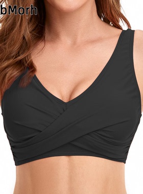 欧美外贸大码胖mm比基尼上衣单件黑色性感小胸聚拢分体泳衣上半身