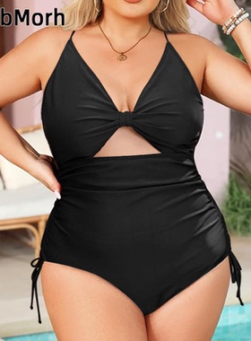 大码性感辣妹深V领泳衣女款200斤胖mm遮肉显瘦泡温泉连体游泳装