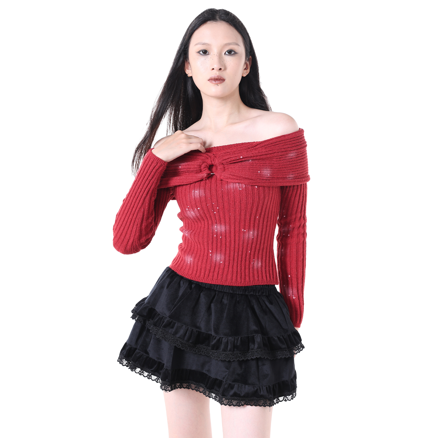 圣诞款复古温柔风一字肩扭结长袖毛衣修身雪花氛围感针织衫上衣女