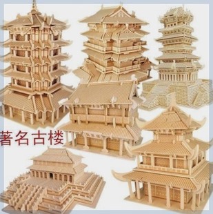 中国古建筑榫卯积木黄鹤楼模型古代建筑积木木制拼装玩具益智教具