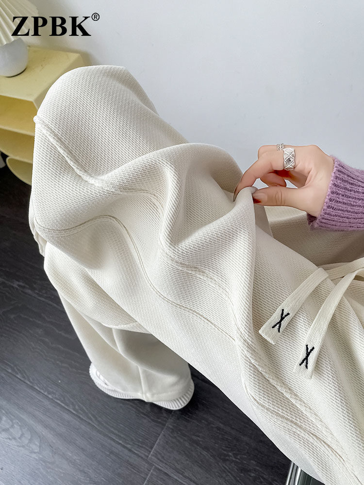 米白色加绒直筒休闲裤女2025秋冬新款高腰显瘦宽松垂感百搭阔腿裤