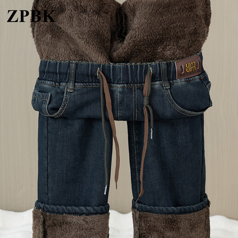 复古休闲加绒加厚牛仔裤女2025秋冬新款垂感松紧腰直筒大码阔腿裤