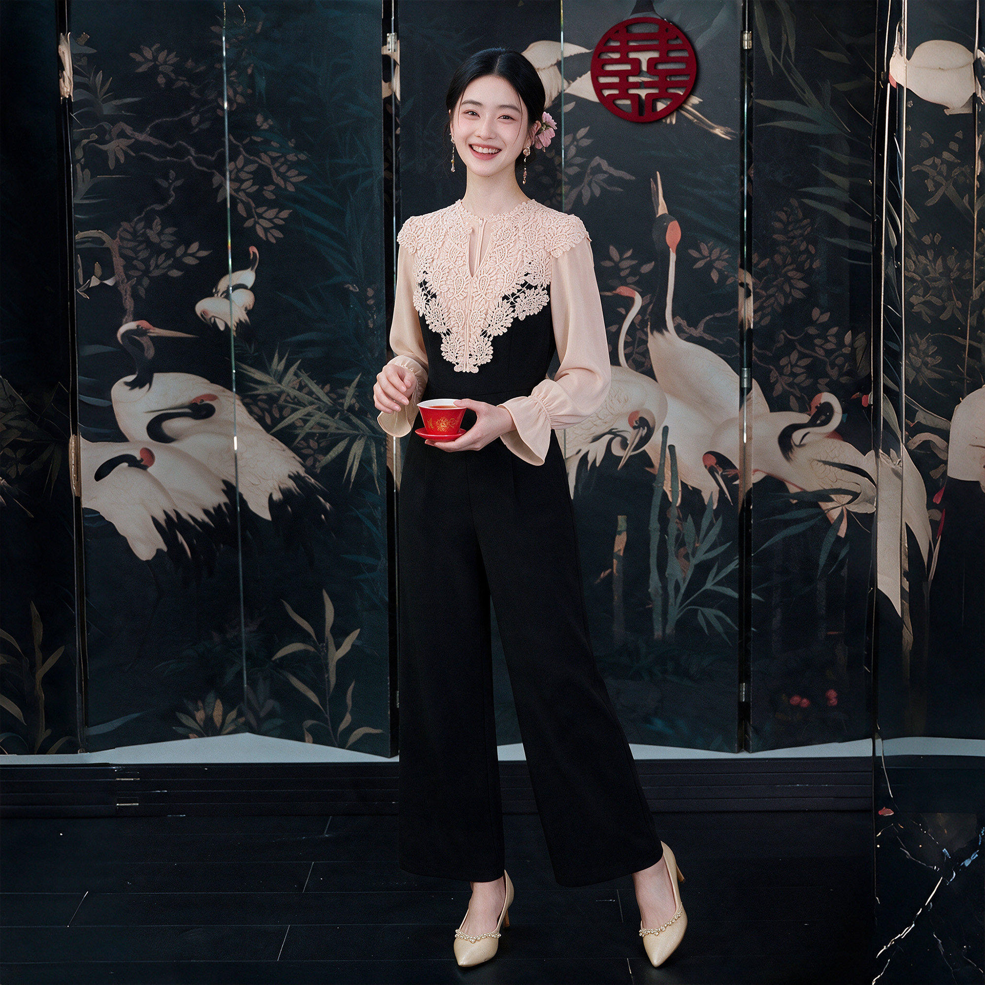 2026新款通勤风蕾丝拼接裤女秋季高腰显瘦黑色连体裤高级感D9876
