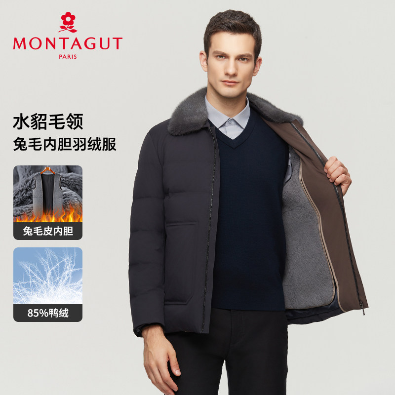 [水貂毛领/兔毛皮内胆]梦特娇冬季男皮草羽绒派克服翻领外套保暖J